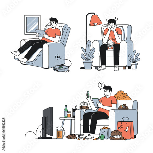 Illustrations depicting the sedentary lifestyle and its consequences on mental and physical well-being