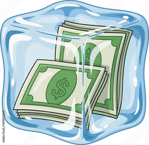 Illustration of US dollar bills encased within a transparent ice cube, frozen.