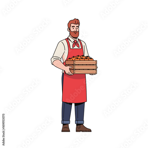 A friendly bearded man wearing a red apron holding a wooden crate filled with freshly harvested produce standing on a white background