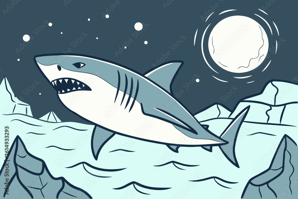 Fototapeta premium Fierce Shark Swimming Under a Full Moon.