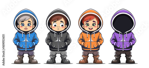 Vector set of cartoon colored funny little people in hoodies with different emotions, hands in pockets, in big boots. Big-lipped, sad and smiling toon person. Without face, sample. Isolated