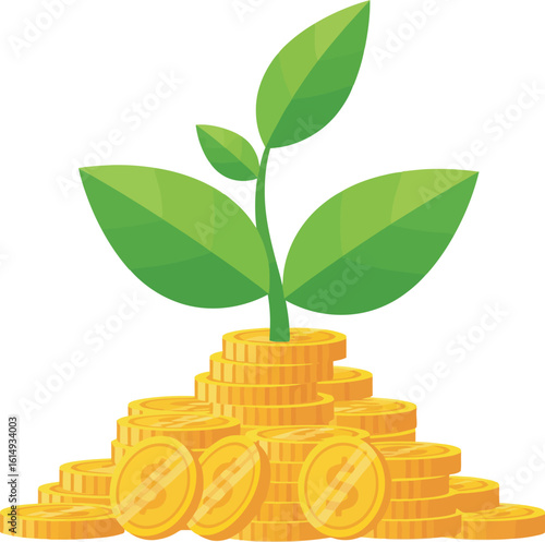 A thriving plant sprouts from a large pile of gold coins, symbolizing financial growth and investment success.