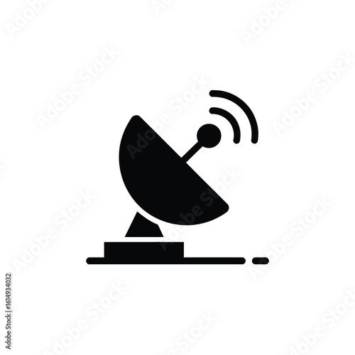Black silhouette of a satellite dish transmitting signals on white background