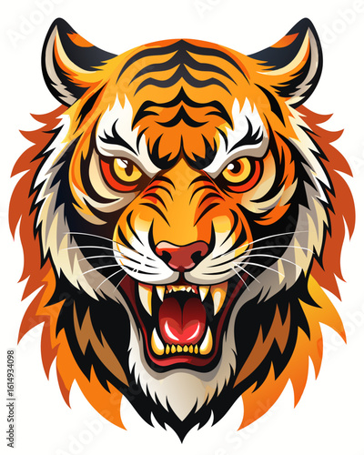 Powerful tiger head roaring fiercely with stunning orange and black stripes, a symbol of strength and courage