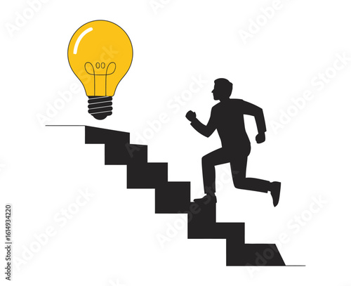 Man Running Up Stairs Towards Lightbulb Idea, Business Innovation Concept