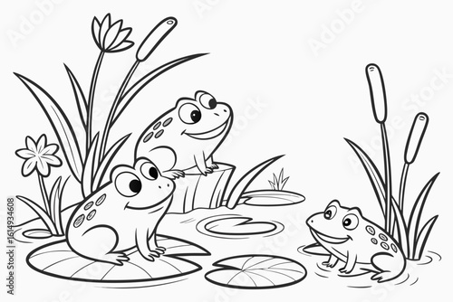 Three Happy Frogs Sitting on Lily Pads.