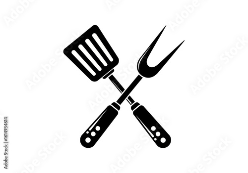 A spatula and fork are crossed on a plain white background