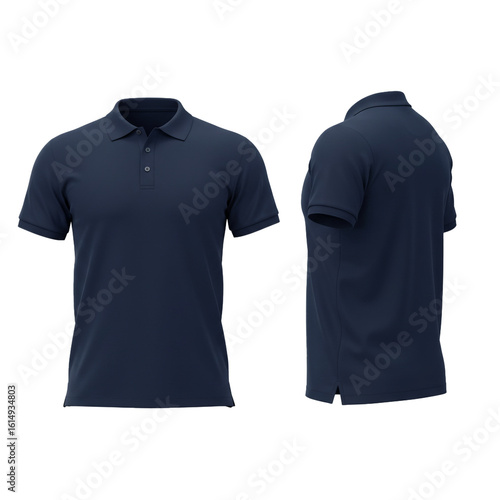 A navy blue polo shirt displayed in front and side views showcasing its classic design and casual style for apparel concepts.