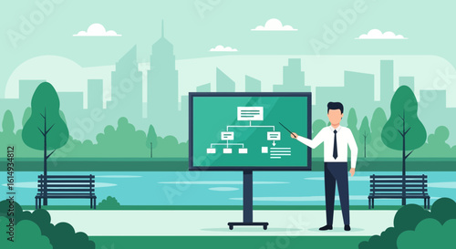 Business Presentation In Urban Park With Cityscape Background Flat Design