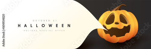 Minimal Halloween banner with jack o lantern talking pumpkin design and large empty copy space for promotion or advertisement