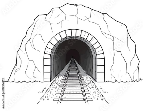 Simple cartoon drawing of a mountain tunnel with train tracks