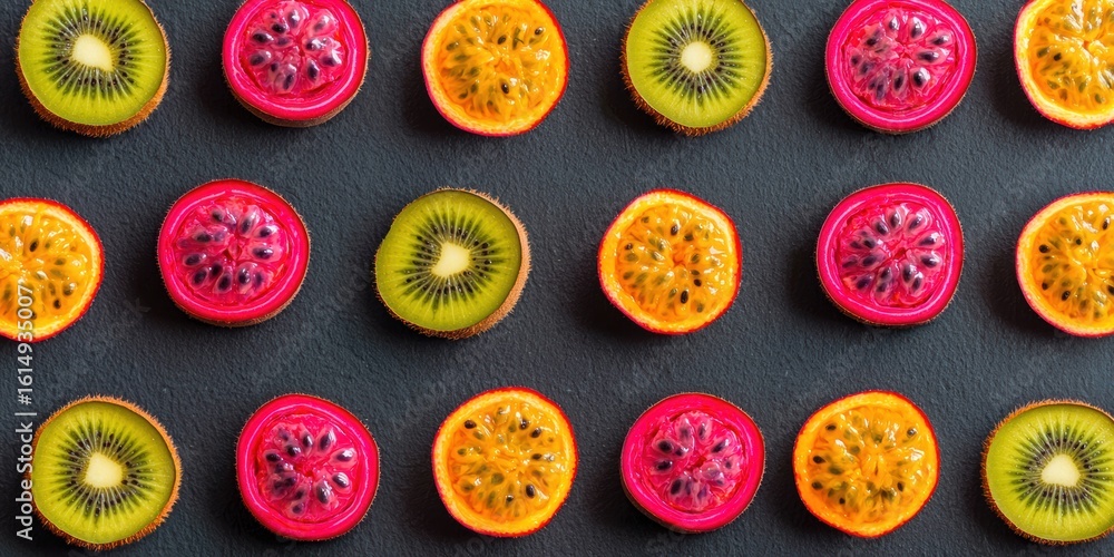 Fototapeta premium Colorful slices of kiwi, passion fruit, and dragon fruit arranged in a neat pattern on a dark background.