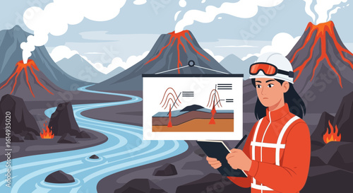 Volcanoes Study Geological Diagram Woman Scientist Writing Research