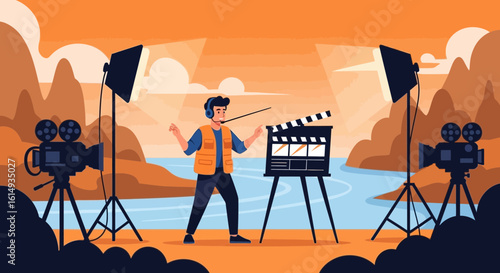 Outdoor Film Production Crew Preparing To Shoot A Scene