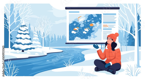 Woman Explaining Weather Forecast In A Snowy Landscape Presentation