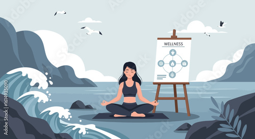Woman Meditating Peacefully Near Water With Wellness Chart Illustration
