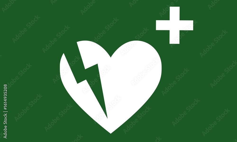 Obraz premium Symbol of the Universal defibrillator, a white heart with a lightning bolt and medical cross on green Background indicating AED (Automated External Defibrillator) availability for cardiac emergencies.