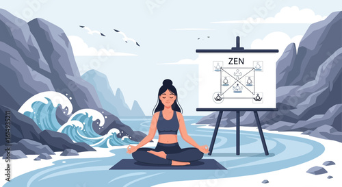 Woman Meditating By The Sea With Zen Diagram On Easel