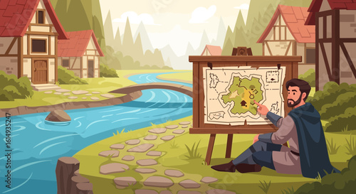 Medieval Strategist Planning a Conquest On Ancient Map