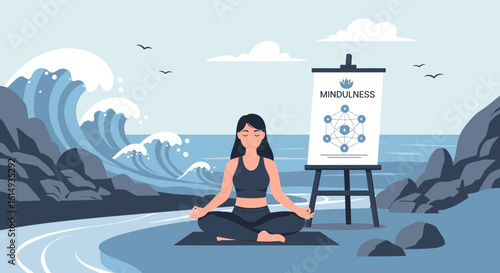 Serene Woman Meditating By Ocean Promoting Mindfulness Practice