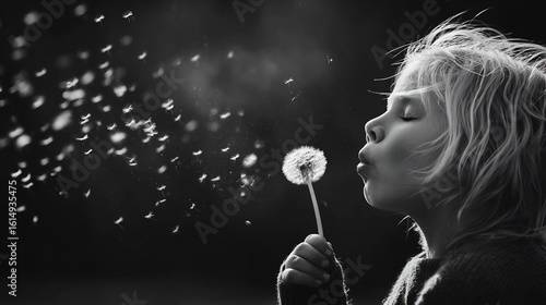Child blowing dandelion seeds wind nostalgic black and white close up symbolizing innocence and time