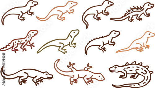 Collection of stylized lizards in various poses and colors on a transparent background reptile animal