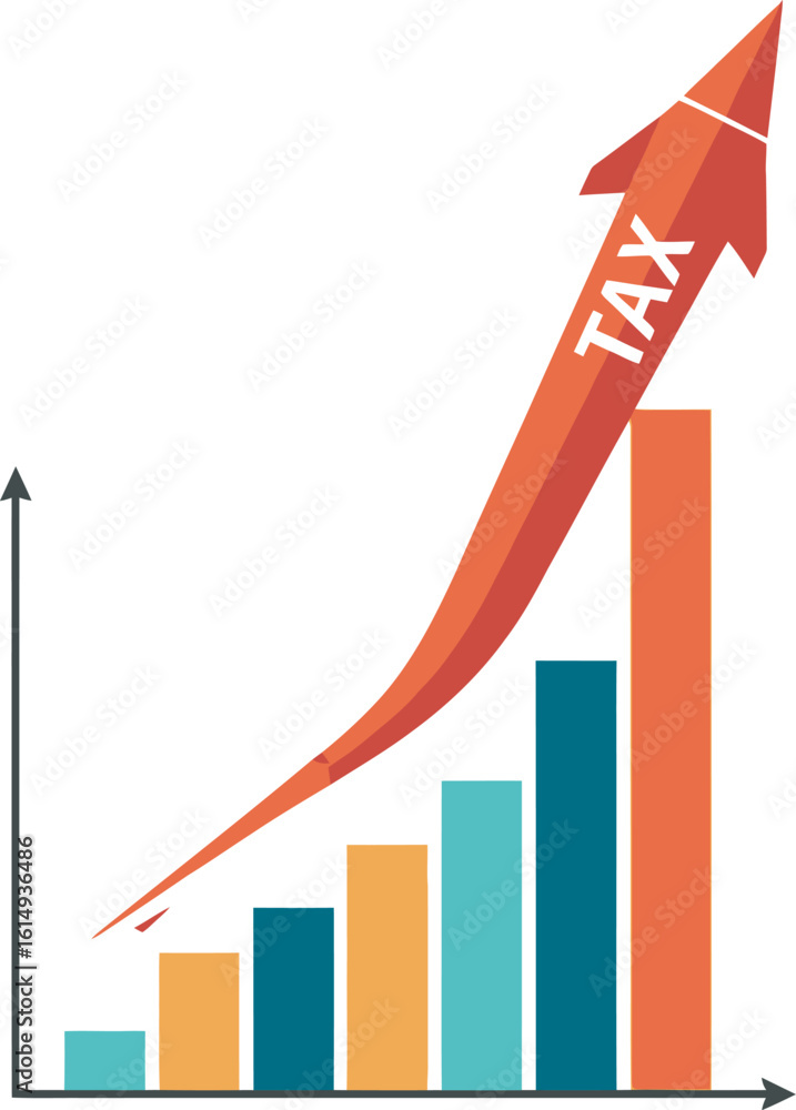 Fototapeta premium A bar graph showing rising taxes, with an arrow shaped like a rocket pointing upwards.