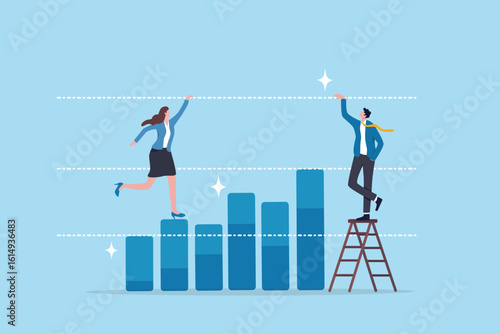 Raise the bar increase standard or benchmark for business improvement, growth or growing process, increase expectation, profit or assessment concept, business people raise the bar on graph diagram.