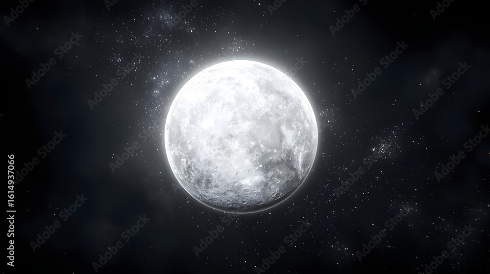 Fototapeta premium Full moon in a dark, star-speckled space. A bright, round orb of light against a backdrop of dark, swirling nebula and scattered stars