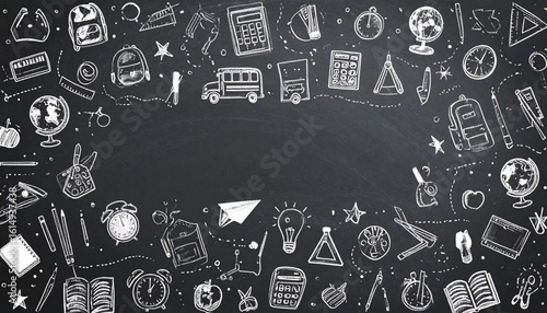 Chalkboard Illustration of School Supplies, Education and Learning Concept