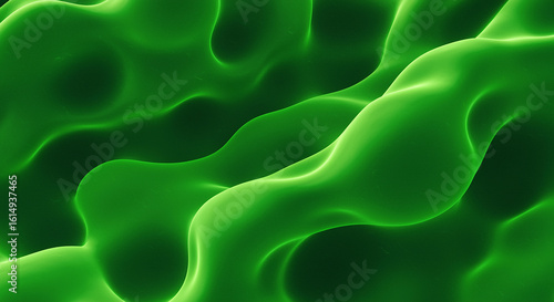 A vibrant green abstract background featuring soft, glowing, and undulating waves. Digital art concept of ethereal fluid motion and smooth energy flow.