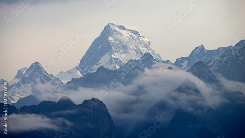 Panoramic snapshot of Hathi Parvat, viewed from Auli in Joshimath, Uttarakhand, India.