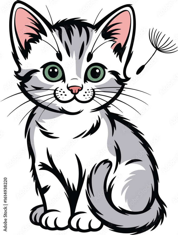 Obraz premium Cute Kitten Illustration: Adorable Domestic Cat with Big Eyes and Playful Expression