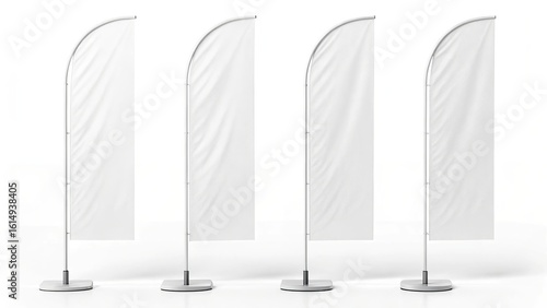 Four blank white feather flags on silver poles against a white background