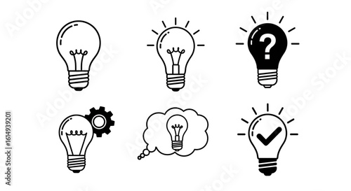 Simple Black and White Light Bulb Illustrations Representing Ideas and Concepts
