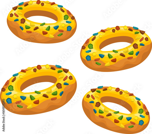 Four yellow donuts sprinkled with colorful confetti in midair
