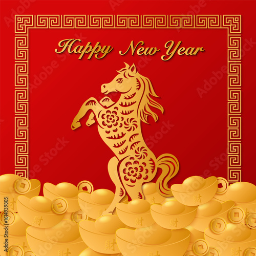 Happy Chinese New Year golden horse paper cut art and ingot squre spiral frame