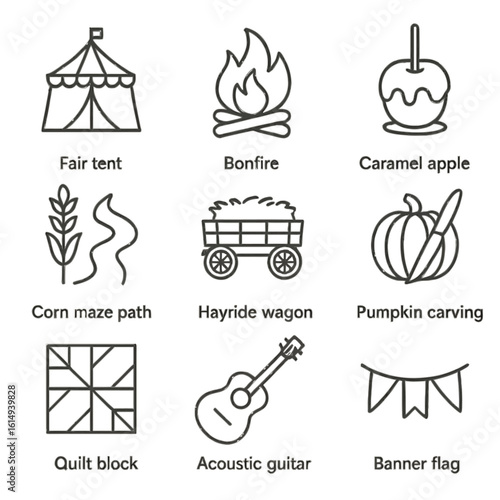 Autumn festival icons: campfire, hayride, pumpkin, and more in linear style