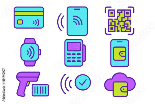 Vibrant neon contactless payment icons on gradient background