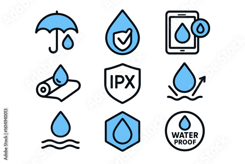 Blue and black waterproof icons set with droplet designs for protection and safety