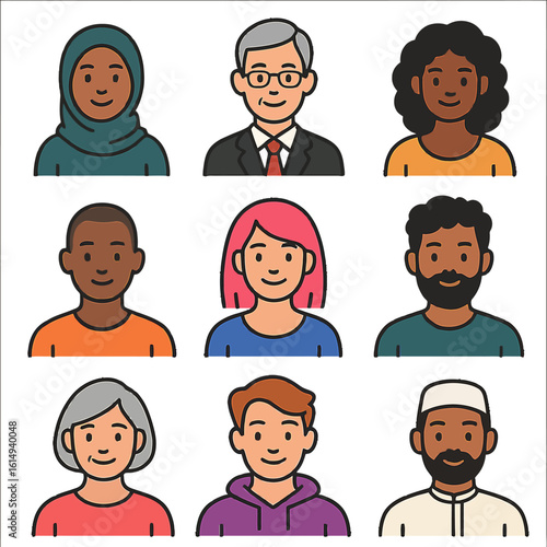 Diverse avatar collection featuring smiling characters in contemporary flat design