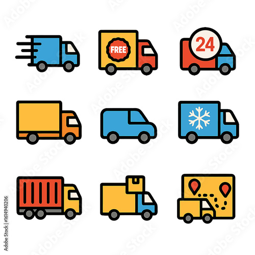 Colorful flat icons of delivery trucks and service symbols for logistics and shipping