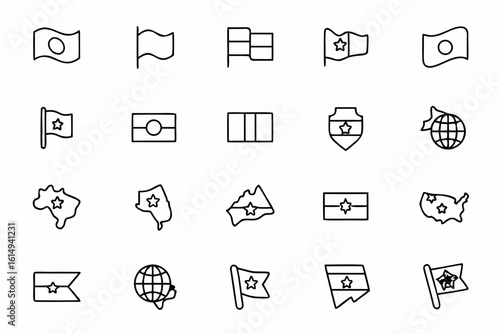 A modern icon set featuring simplified country map outlines with small flag representations. Great for infographic designs, geography resources, and travel dashboards