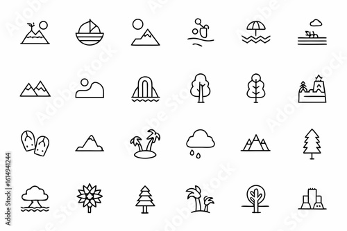 A nature-inspired bundle of line icons capturing the landscapes and natural wonders from different countries. Ideal for eco-tourism design, geography resources, and adventure guides