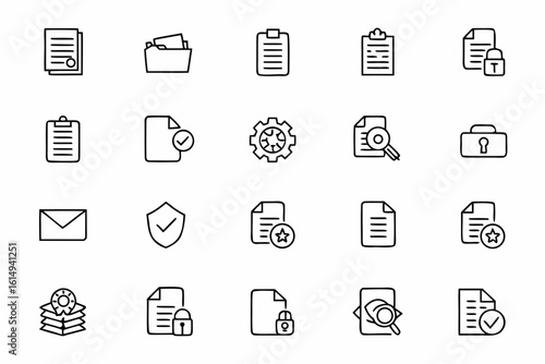 A practical line icon set highlighting document control and audit evidence. Designed for audit report templates, SaaS tools, data rooms, and compliance platforms