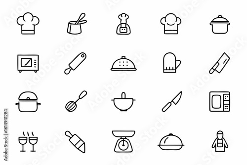 A professional set of icons representing the key members and tools in a restaurant kitchen. Ideal for staff training, back-of-house systems, and chef portfolios