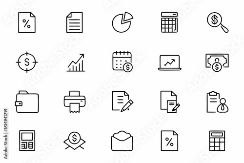 A professional icon bundle representing financial audit procedures and regulatory compliance. Ideal for fintech apps, auditing firms, tax consultants, and corporate dashboards