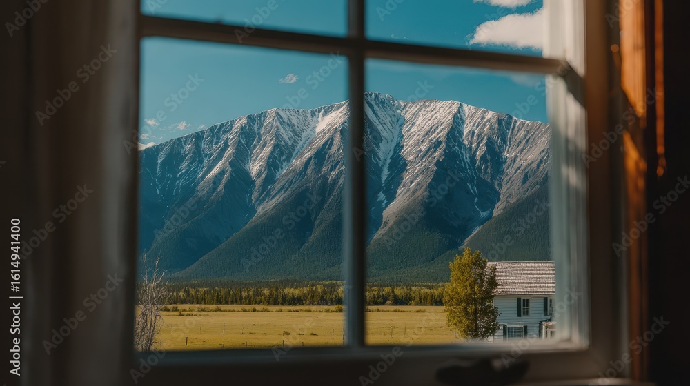 Fototapeta premium Snowy mountains viewed through a window.