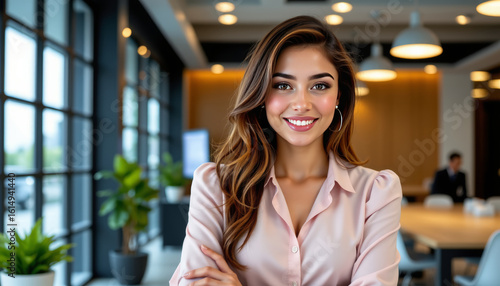Professional businesswoman smiling in modern office corporate environment portrait photography bright atmosphere