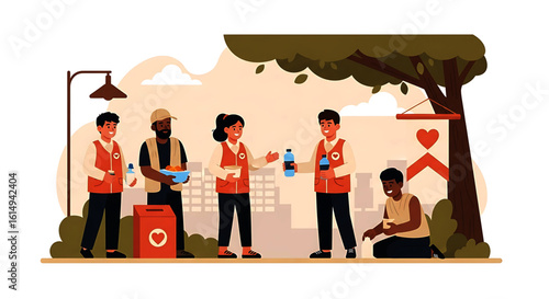 Volunteers Giving Food and Drinks to a Homeless Person in the Park.